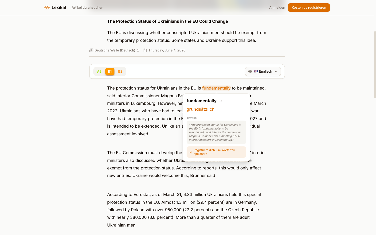 Lexikal: article reader with CEFR level controls and a contextual word translation